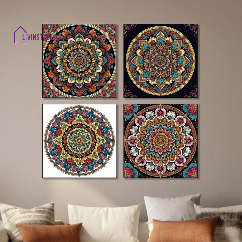 Vibrant Floral Circle Canvas Set Of 4 Printed Wall Painting