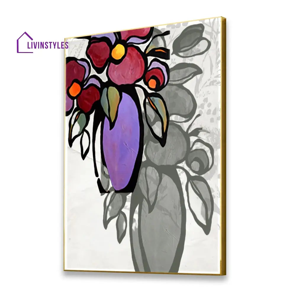 Vibrant Flower Vase Canvas Art Abstract Painting 16 X 20 Inch / Gold Floating Frame Wall