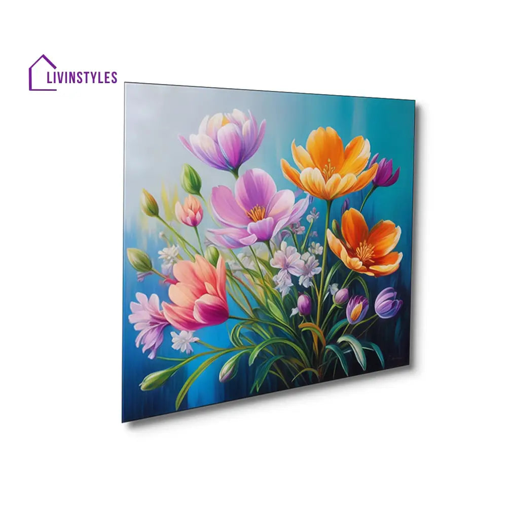 Vibrant Flowers On Blue Canvas Printed Wall Painting