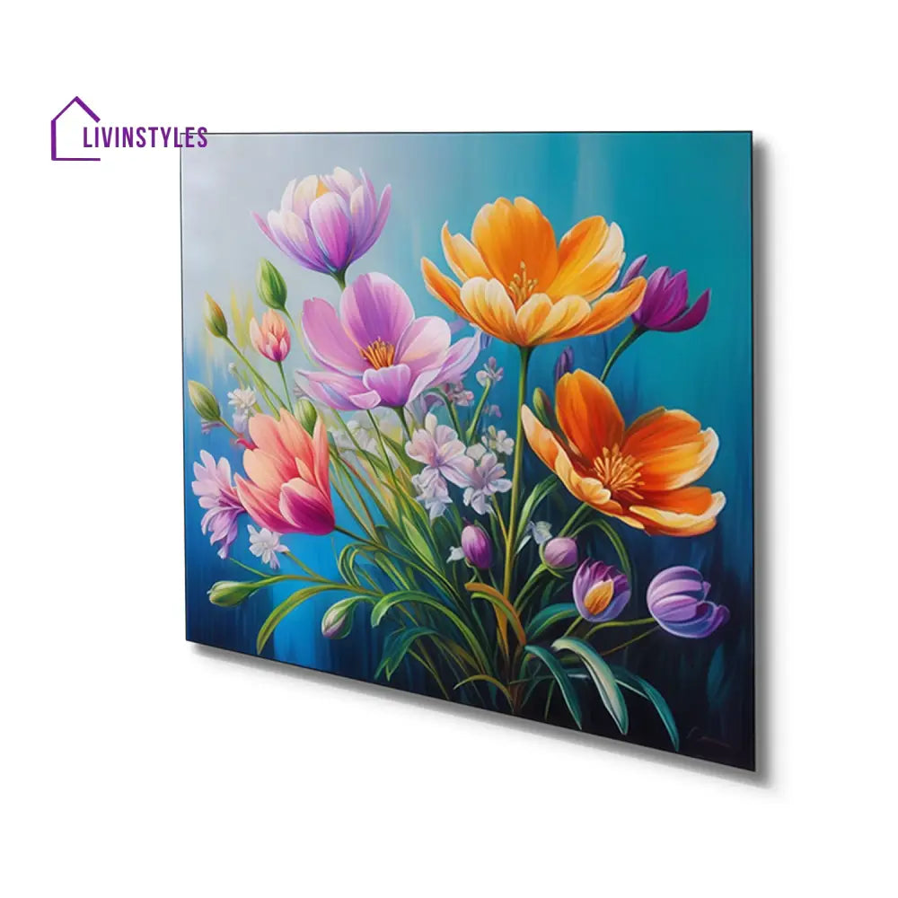 Vibrant Flowers On Blue Canvas Printed Wall Painting