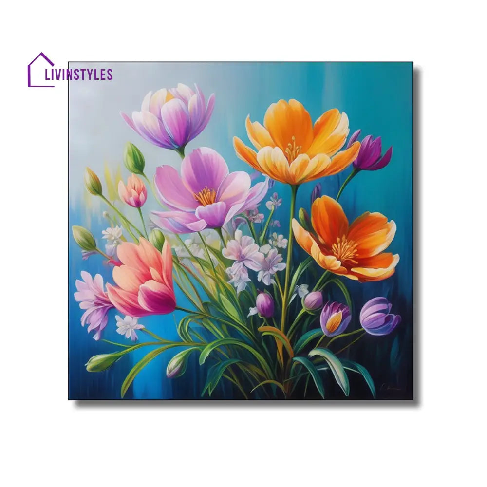 Vibrant Flowers On Blue Canvas Printed Wall Painting