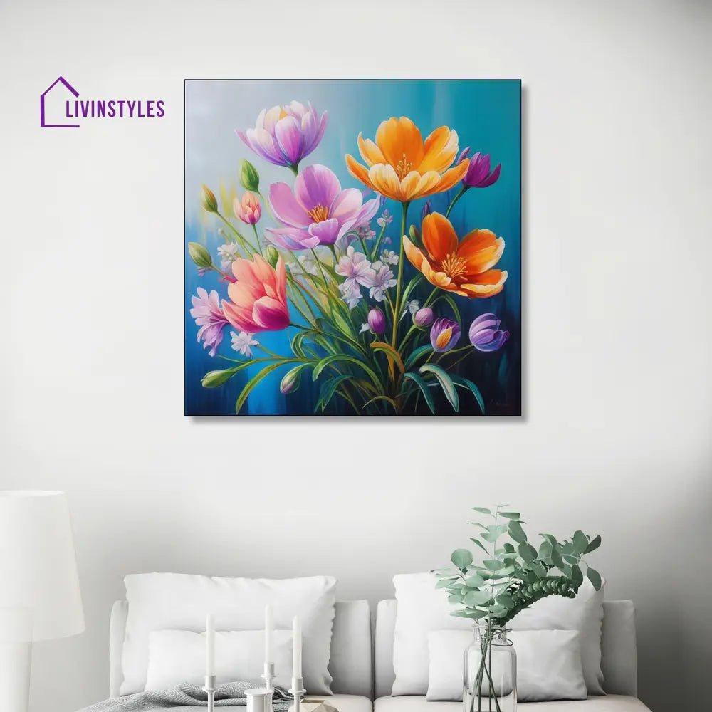 Vibrant Flowers On Blue Canvas Printed Wall Painting