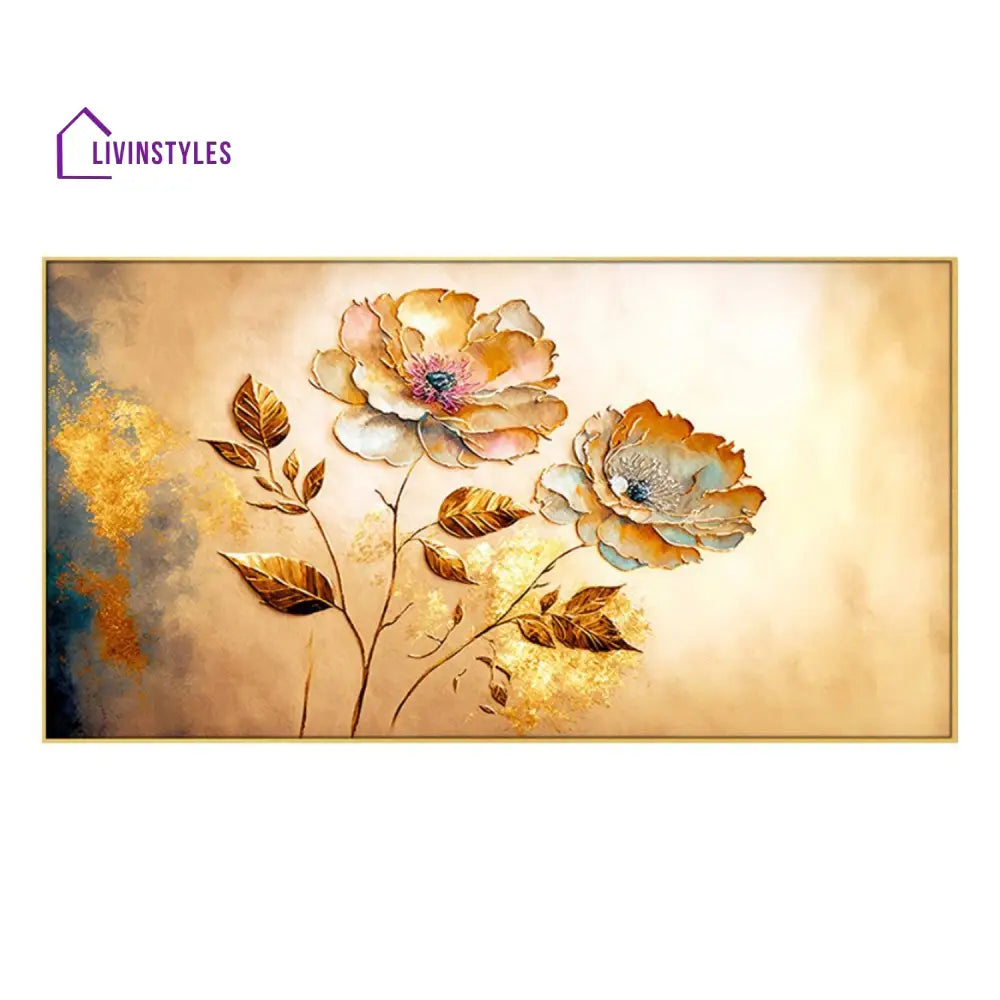 Vibrant Flowers On Golden Canvas Wall Painitng Painting