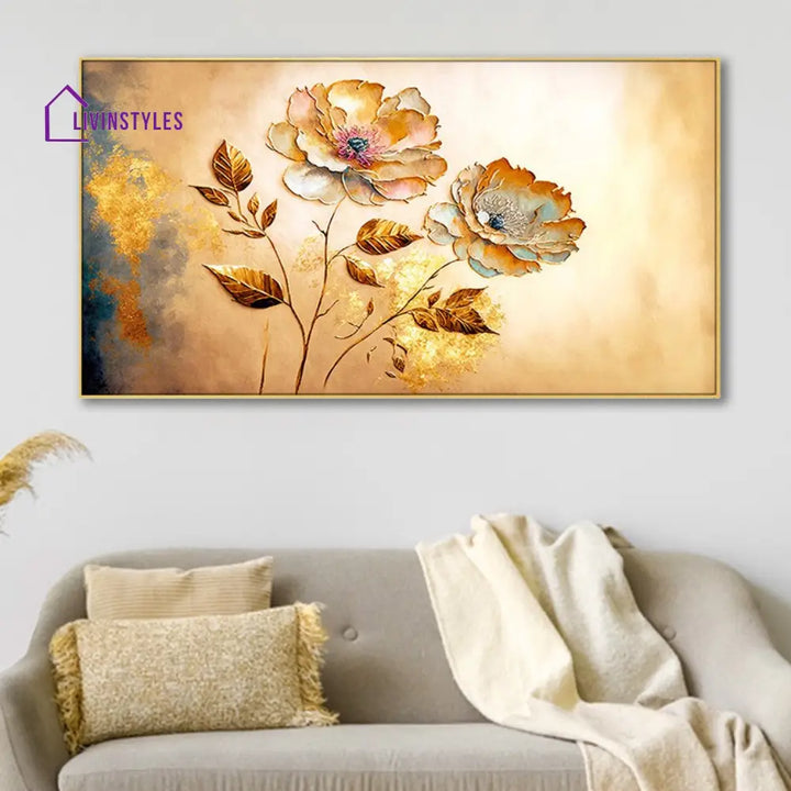 Vibrant Flowers On Golden Canvas Wall Painitng Painting