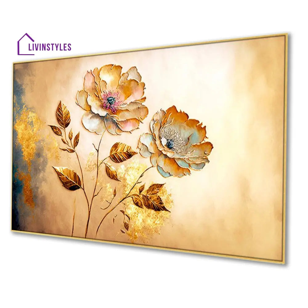 Vibrant Flowers On Golden Canvas Wall Painitng Painting