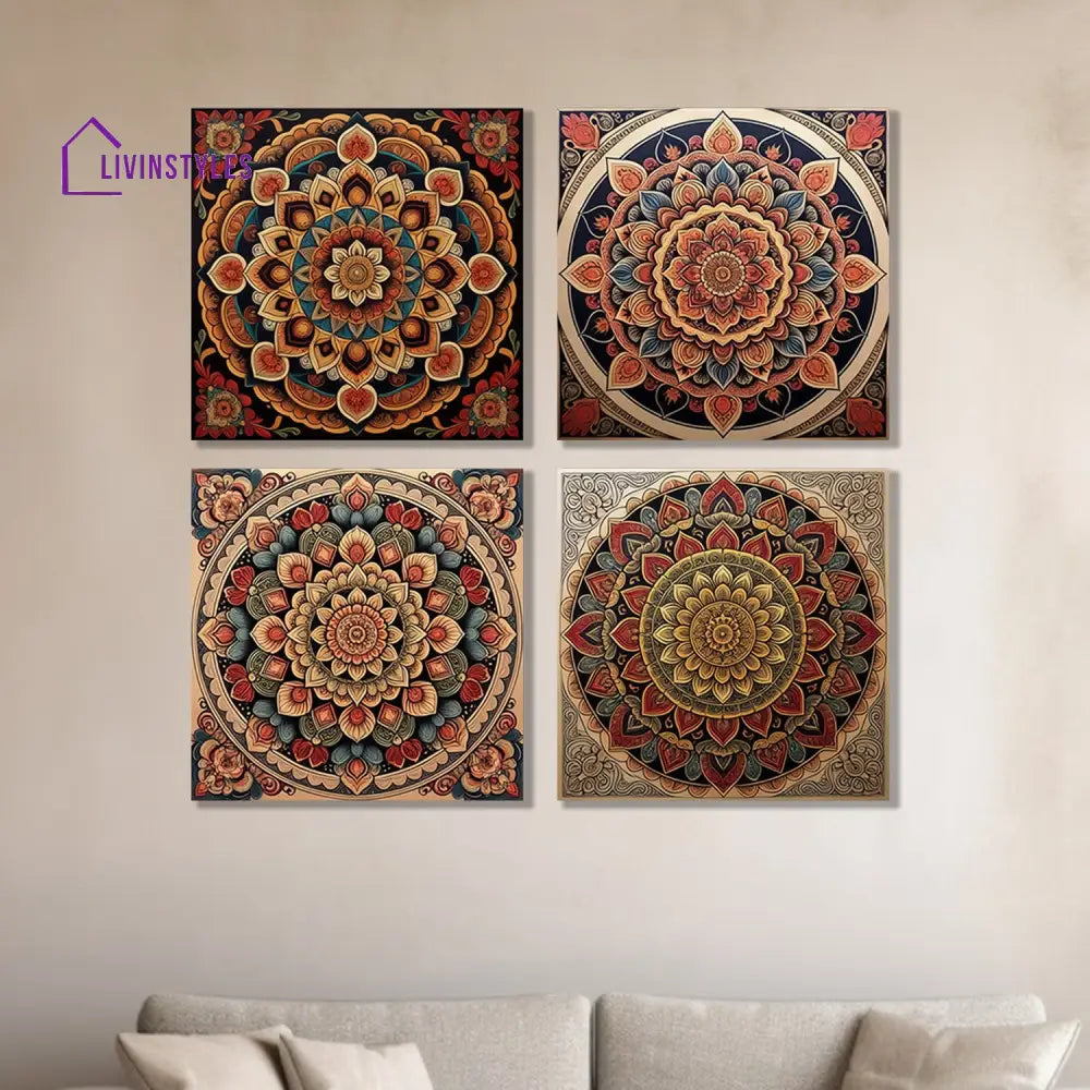 Vibrant Ornate Canvas Art Collection Printed Wall Painting Set Of 4