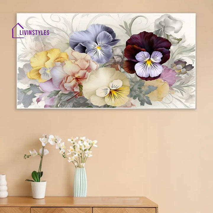 Vibrant Pansies On White Canvas Wall Painting