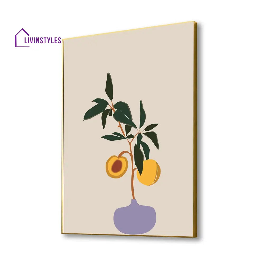 Vibrant Peach And Lush Plant Canvas Wall Painting 16 X 20 Inch / Gold Floating Frame