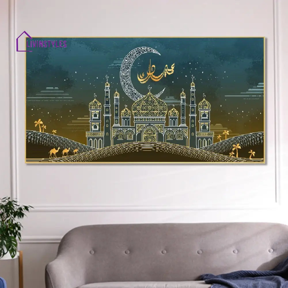 Vibrant Ramadan Mosque And Crescent Wall Painting