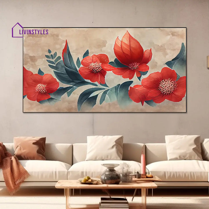 Vibrant Red Blossoms On Beige Wall Painting