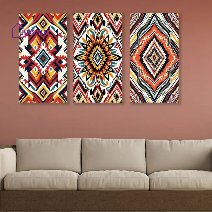 Vibrant Tribal Pattern Canvas Set Of 3 Printed Wall Painting