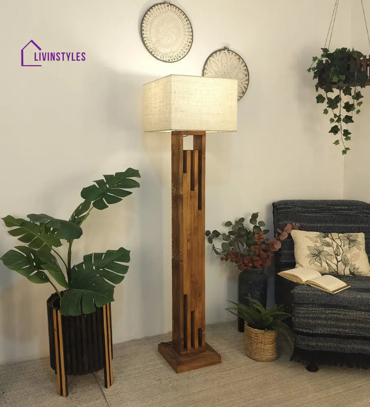 Victoria Wooden Floor Lamp With Brown Base And Jute Fabric Lampshade Lamps