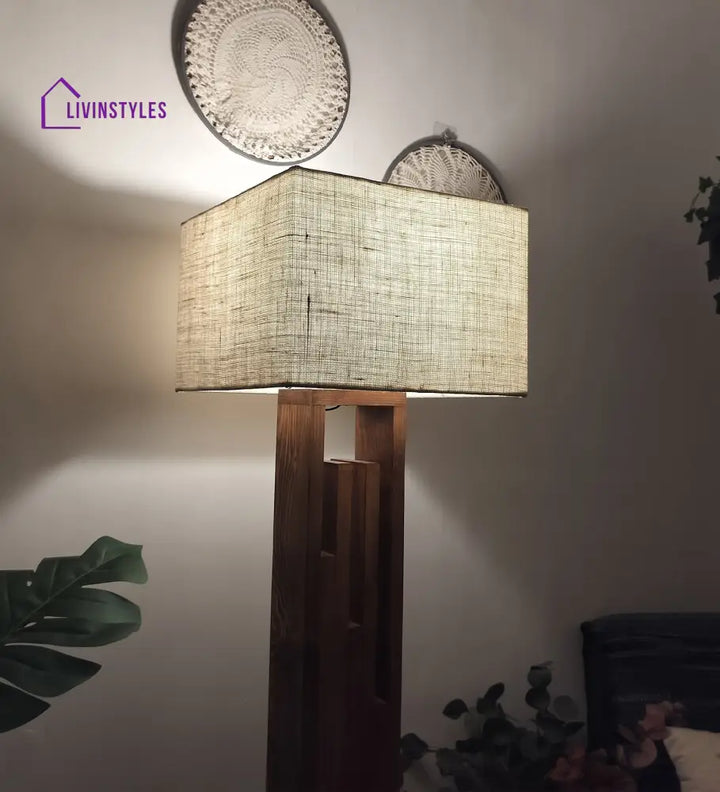 Victoria Wooden Floor Lamp With Brown Base And Jute Fabric Lampshade Lamps