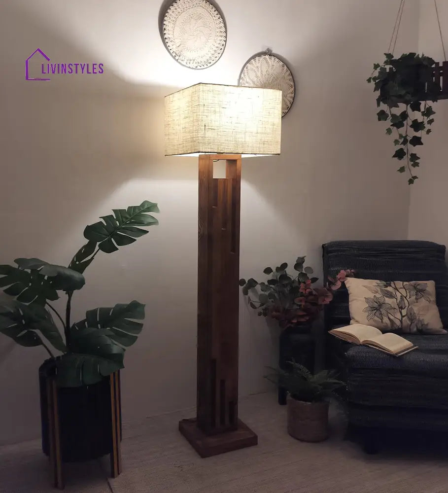 Victoria Wooden Floor Lamp With Brown Base And Jute Fabric Lampshade Lamps