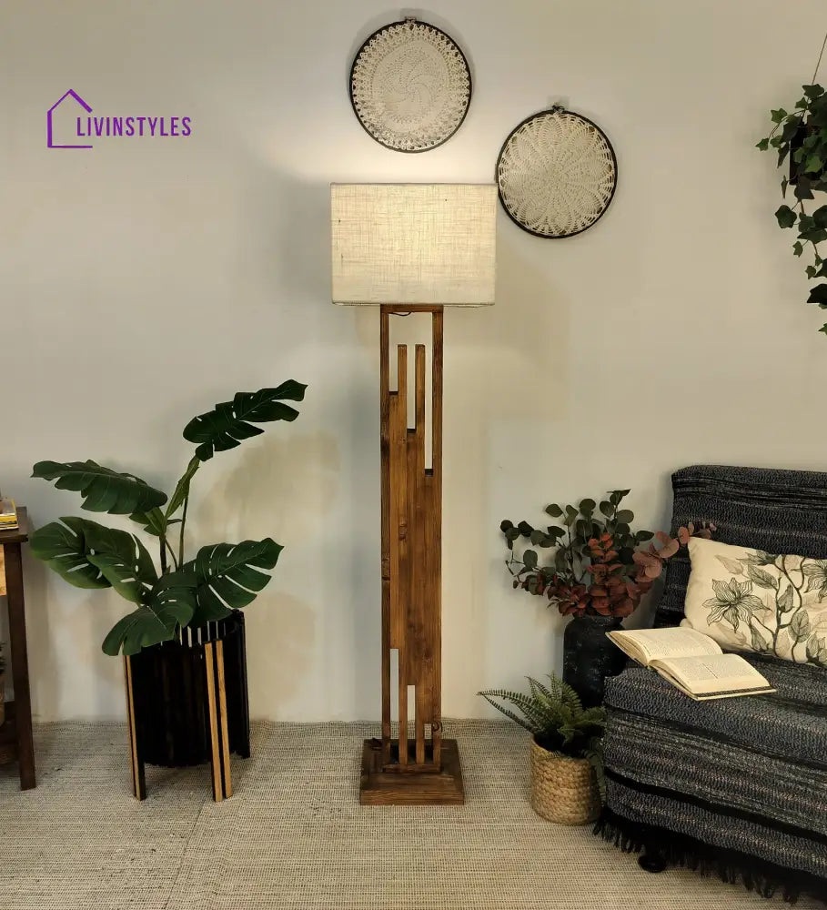 Victoria Wooden Floor Lamp With Brown Base And Jute Fabric Lampshade Lamps