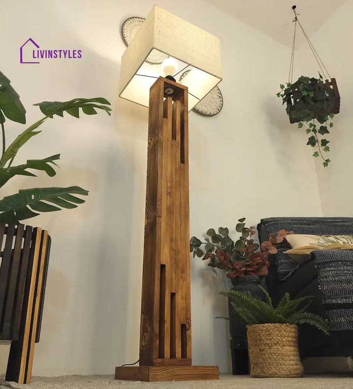 Victoria Wooden Floor Lamp With Brown Base And Jute Fabric Lampshade Lamps