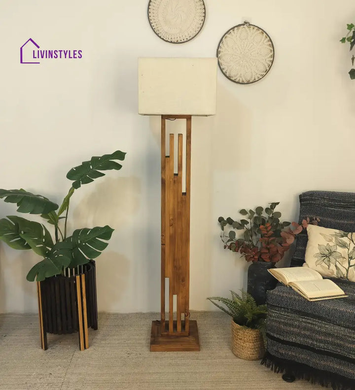 Victoria Wooden Floor Lamp With Brown Base And Jute Fabric Lampshade Lamps