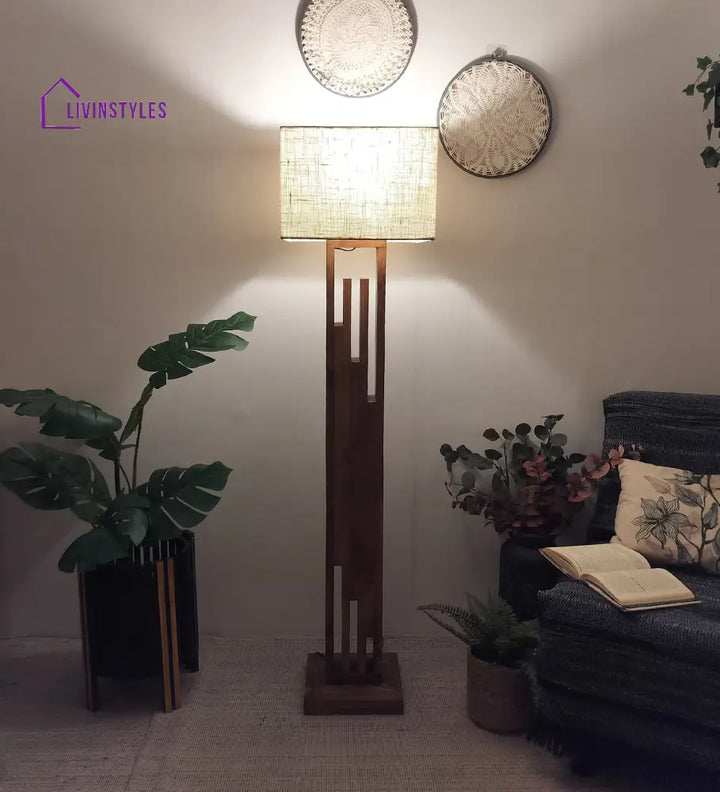 Victoria Wooden Floor Lamp With Brown Base And Jute Fabric Lampshade Lamps