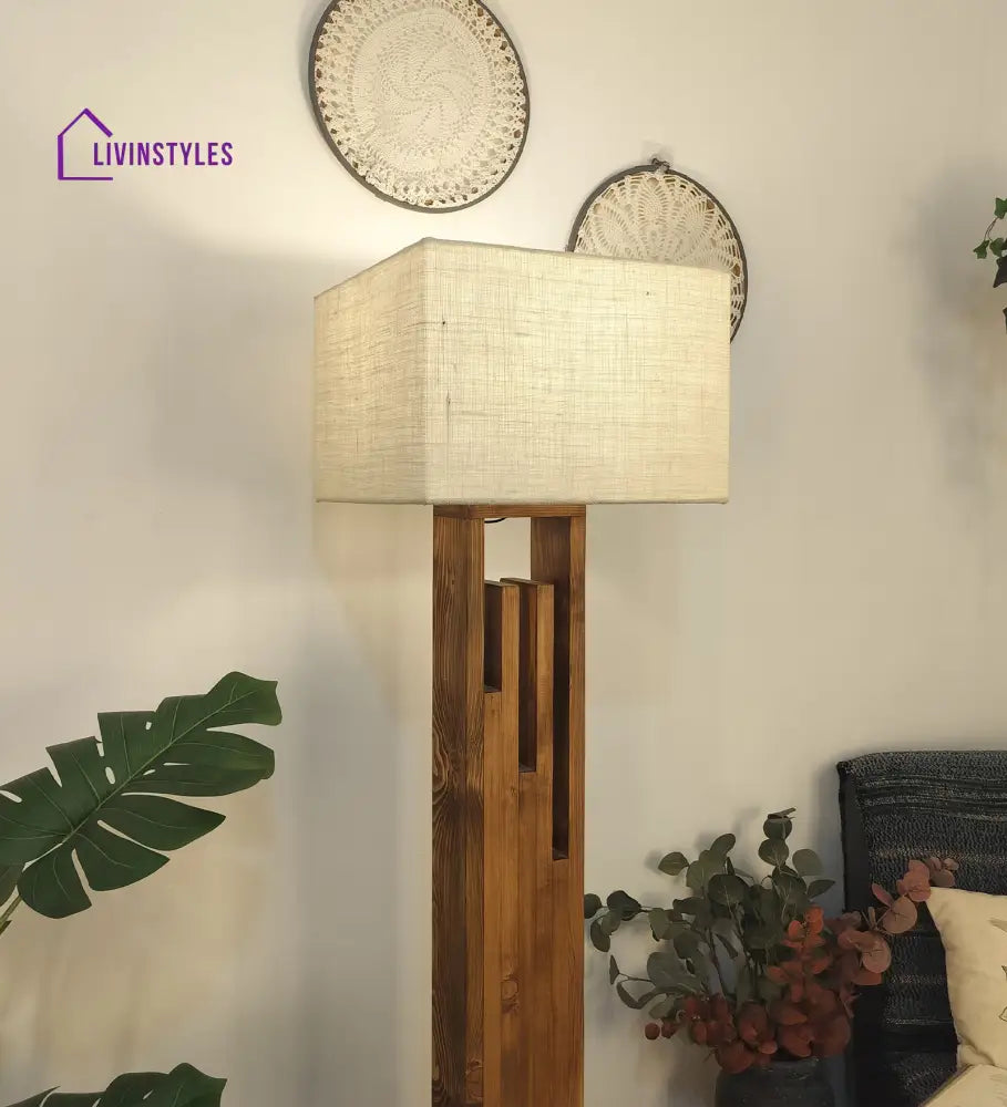 Victoria Wooden Floor Lamp With Brown Base And Jute Fabric Lampshade Lamps