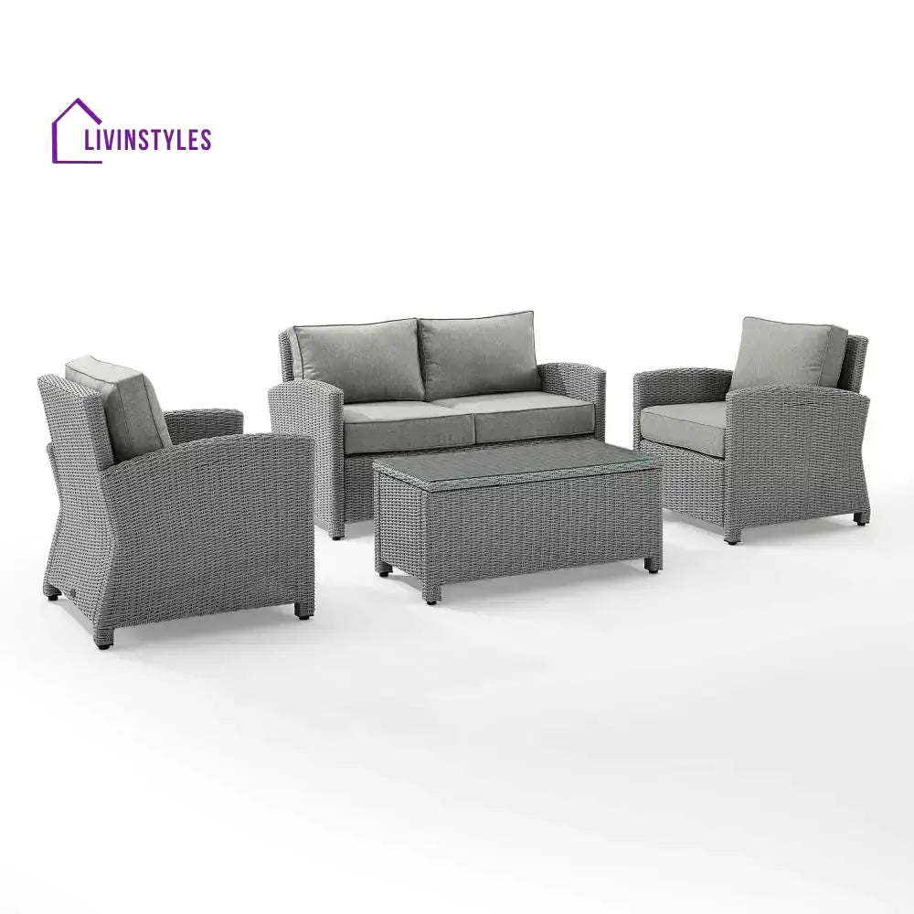 Vijay 4Pcs Patio Wicker Furniture Set With Center Table Silver Grey Rattan Chairs And Cushions For