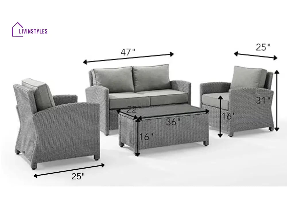 Vijay 4Pcs Patio Wicker Furniture Set With Center Table Silver Grey Rattan Chairs And Cushions For