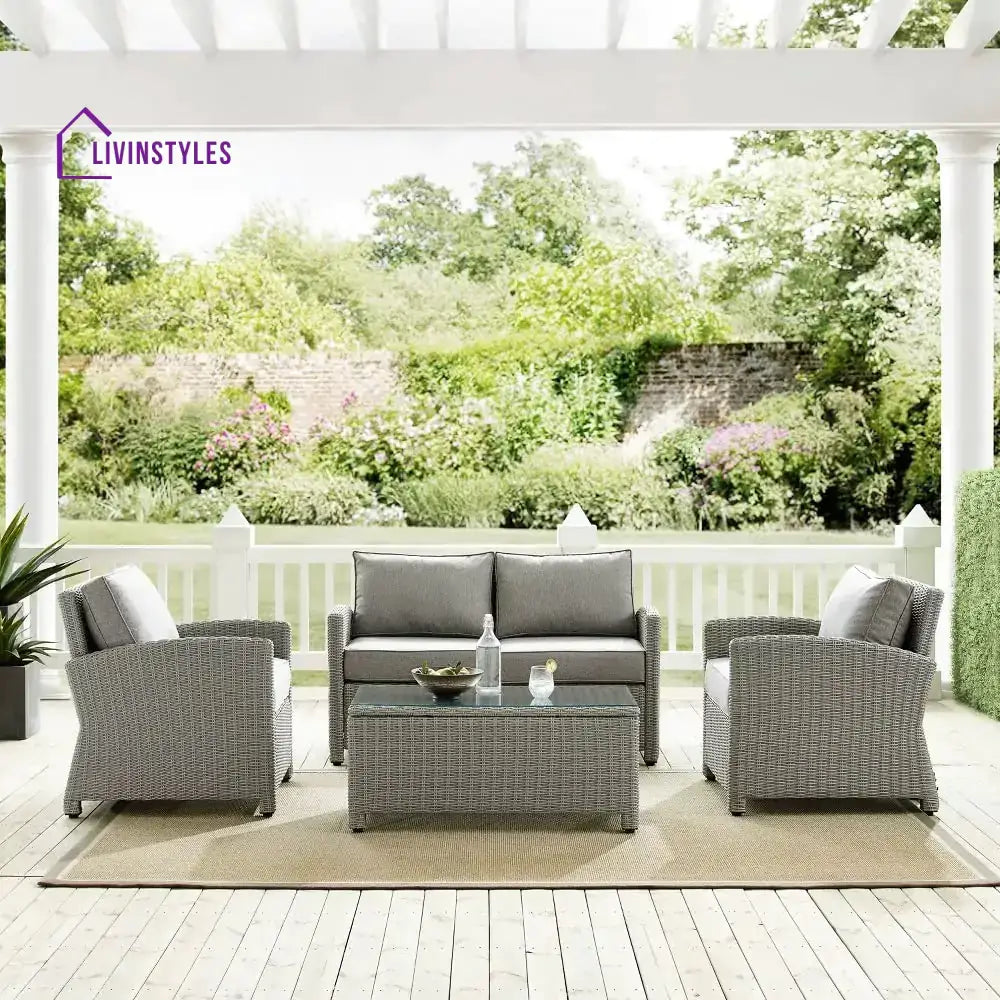 Vijay 4Pcs Patio Wicker Furniture Set With Center Table Silver Grey Rattan Chairs And Cushions For