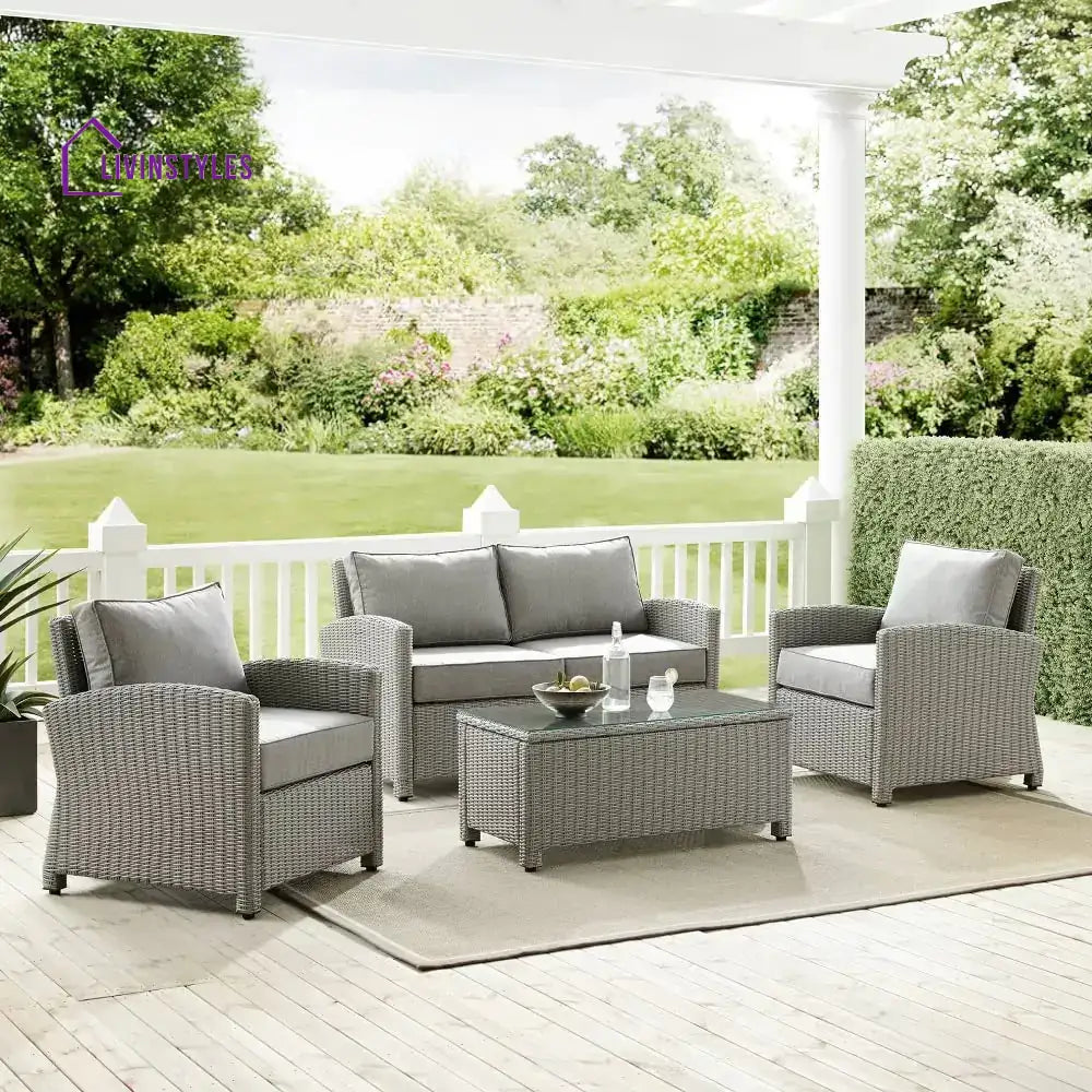 Vijay 4Pcs Patio Wicker Furniture Set With Center Table Silver Grey Rattan Chairs And Cushions For