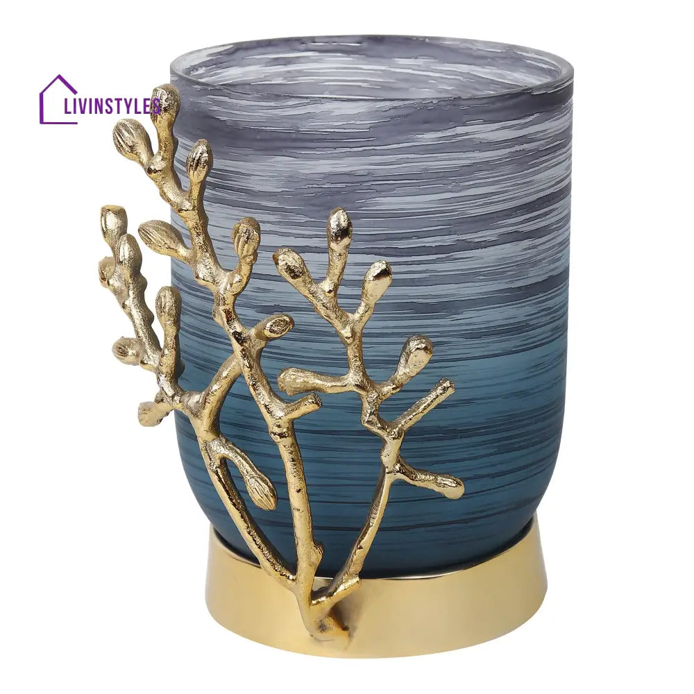 Vinlux Glass Vase And Candle Holder In Wavy Grey & Gold Holder