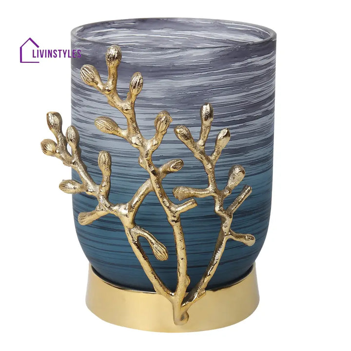 Vinlux Glass Vase And Candle Holder In Wavy Grey & Gold Holder