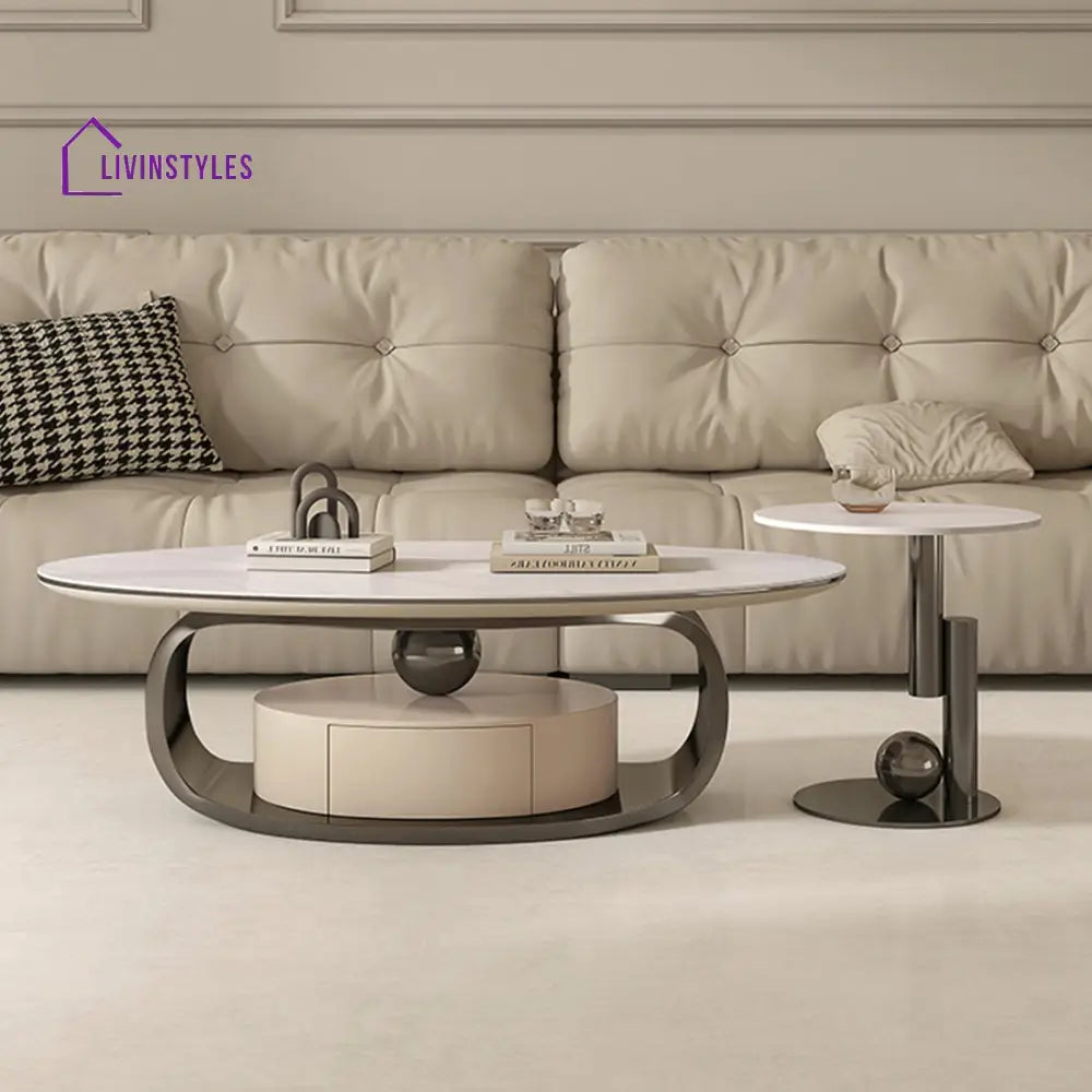 Vitara Marble Top Stainless Steel With Pvd Coated Coffee Table Set | Mdf Wooden Storage Frame