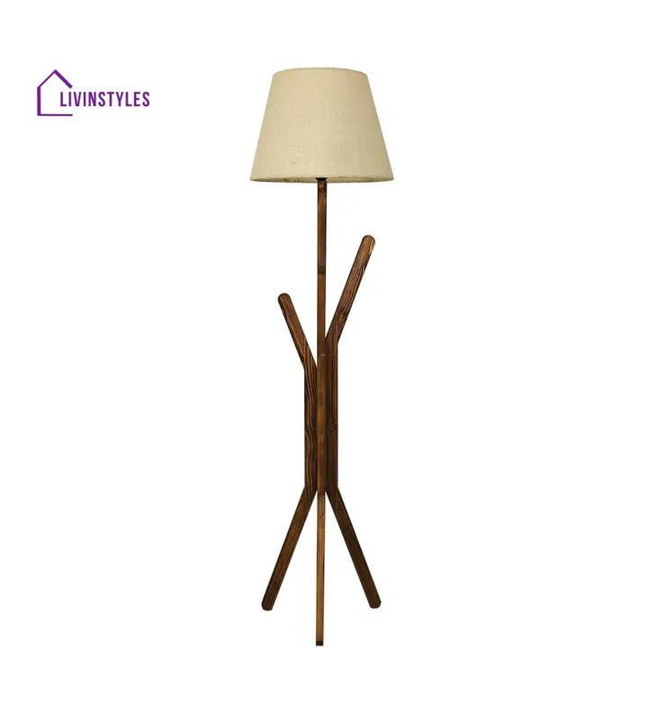 Vrikshya Wooden Floor Lamp With Brown Base And Beige Fabric Lampshade Lamps