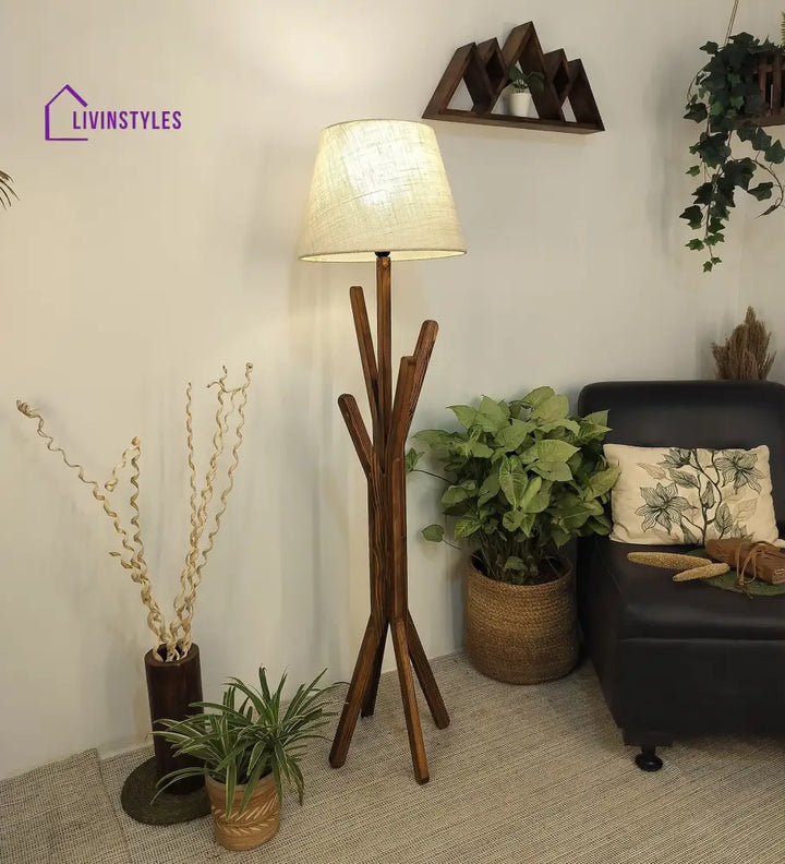 Vrikshya Wooden Floor Lamp With Brown Base And Beige Fabric Lampshade Lamps