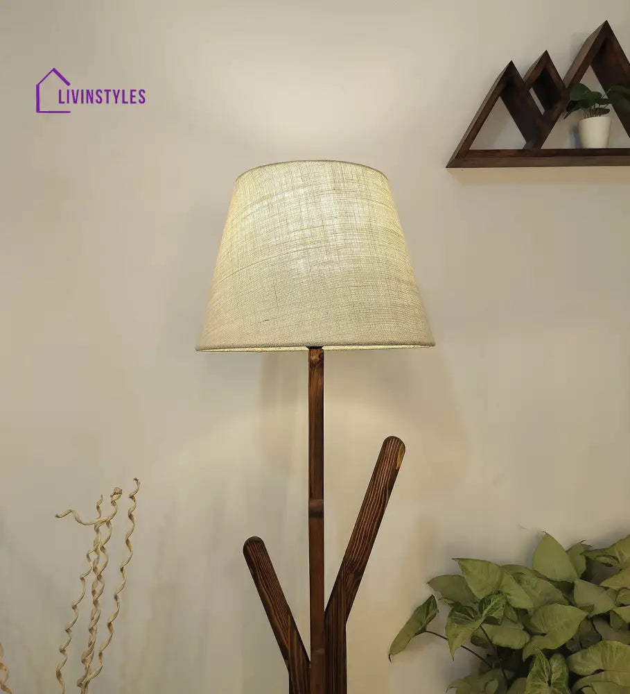 Vrikshya Wooden Floor Lamp With Brown Base And Beige Fabric Lampshade Lamps