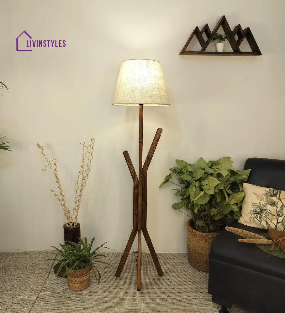 Vrikshya Wooden Floor Lamp With Brown Base And Beige Fabric Lampshade Lamps