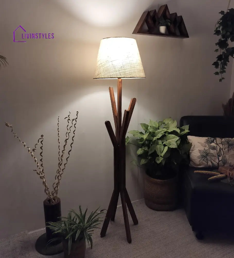 Vrikshya Wooden Floor Lamp With Brown Base And Beige Fabric Lampshade Lamps