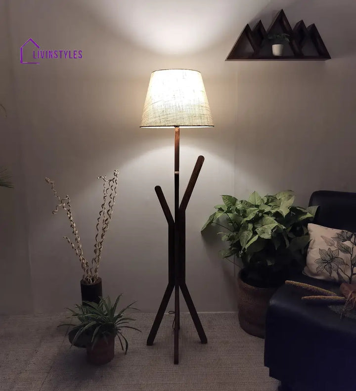 Vrikshya Wooden Floor Lamp With Brown Base And Beige Fabric Lampshade Lamps