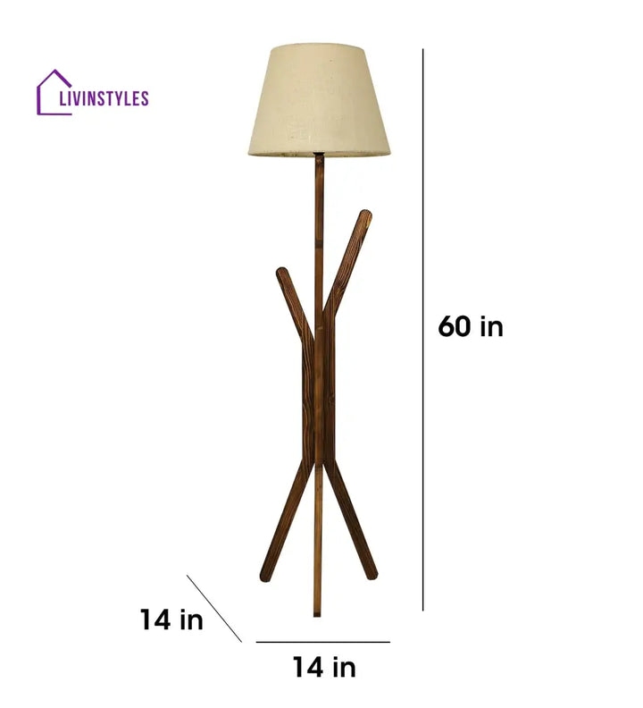 Vrikshya Wooden Floor Lamp With Brown Base And Beige Fabric Lampshade Lamps