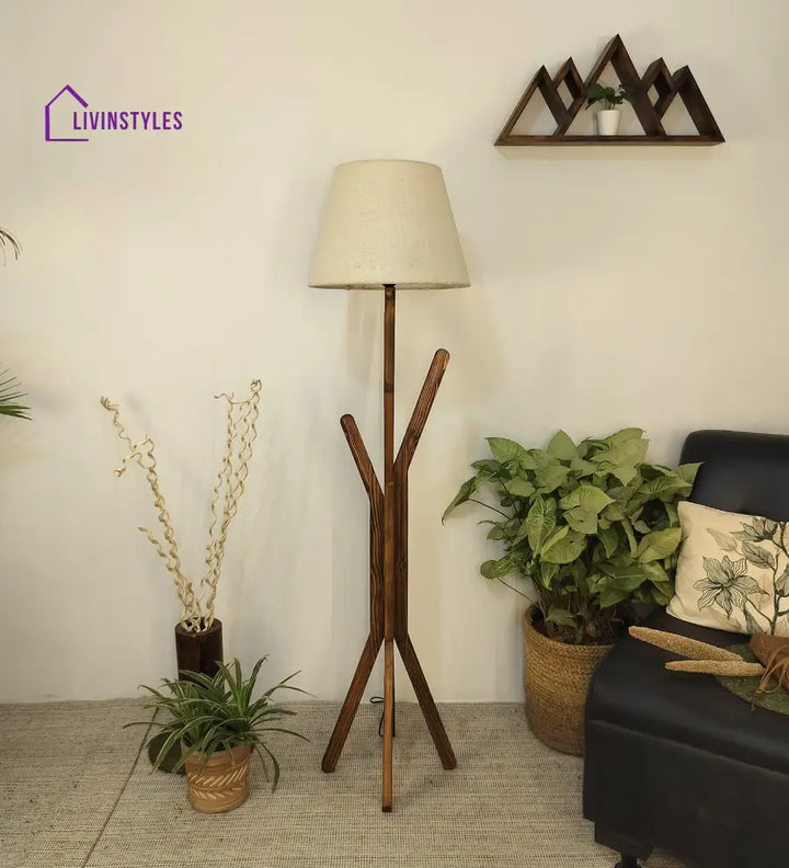 Vrikshya Wooden Floor Lamp With Brown Base And Beige Fabric Lampshade Lamps