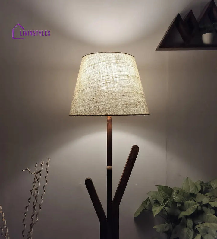 Vrikshya Wooden Floor Lamp With Brown Base And Beige Fabric Lampshade Lamps