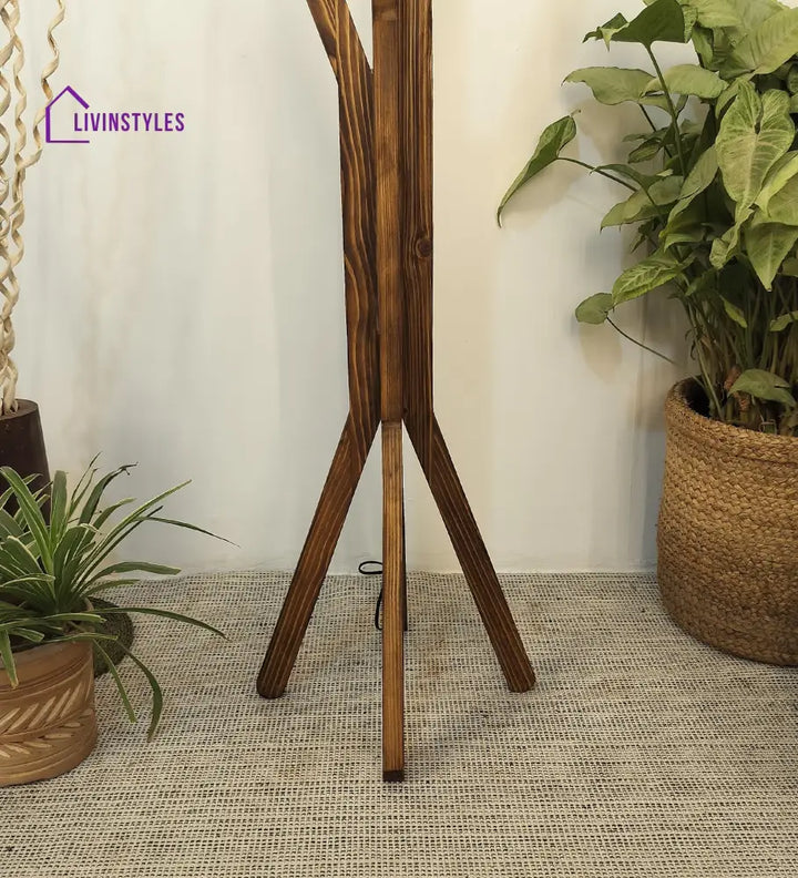 Vrikshya Wooden Floor Lamp With Brown Base And Beige Fabric Lampshade Lamps