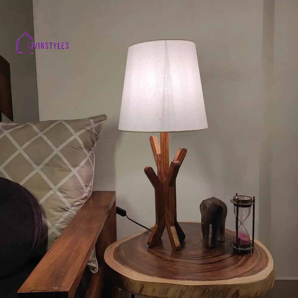 Vrikshya Wooden Table Lamp With Brown Base And White Fabric Lampshade Lamps