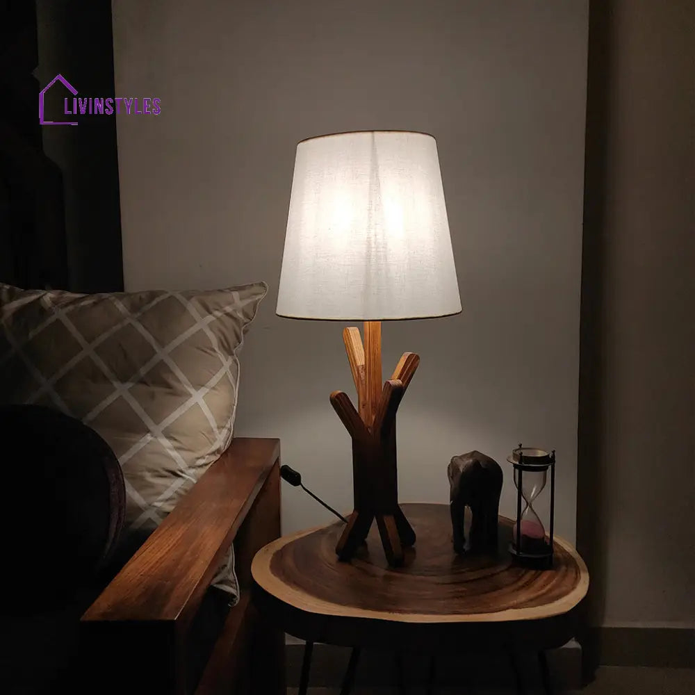 Vrikshya Wooden Table Lamp With Brown Base And White Fabric Lampshade Lamps