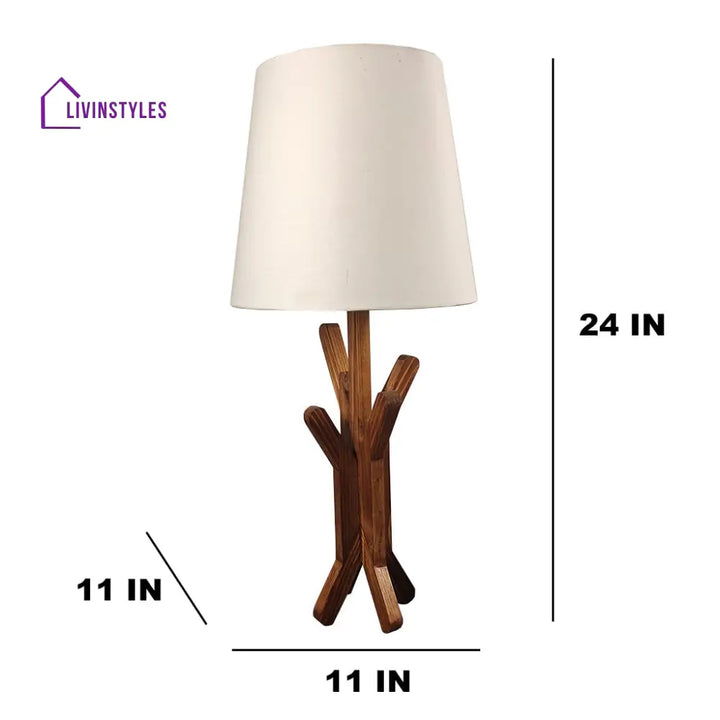 Vrikshya Wooden Table Lamp With Brown Base And White Fabric Lampshade Lamps