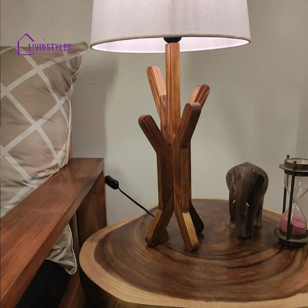 Vrikshya Wooden Table Lamp With Brown Base And White Fabric Lampshade Lamps