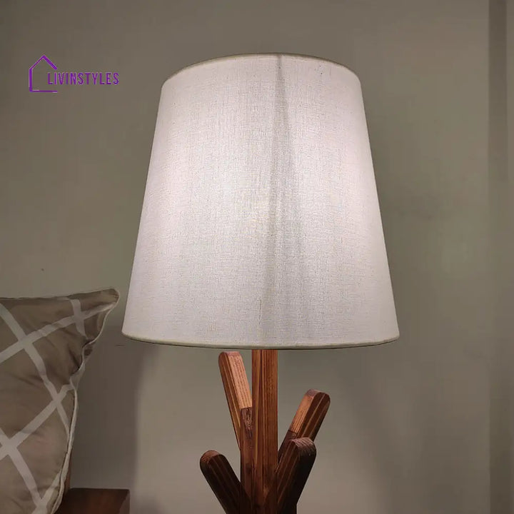 Vrikshya Wooden Table Lamp With Brown Base And White Fabric Lampshade Lamps