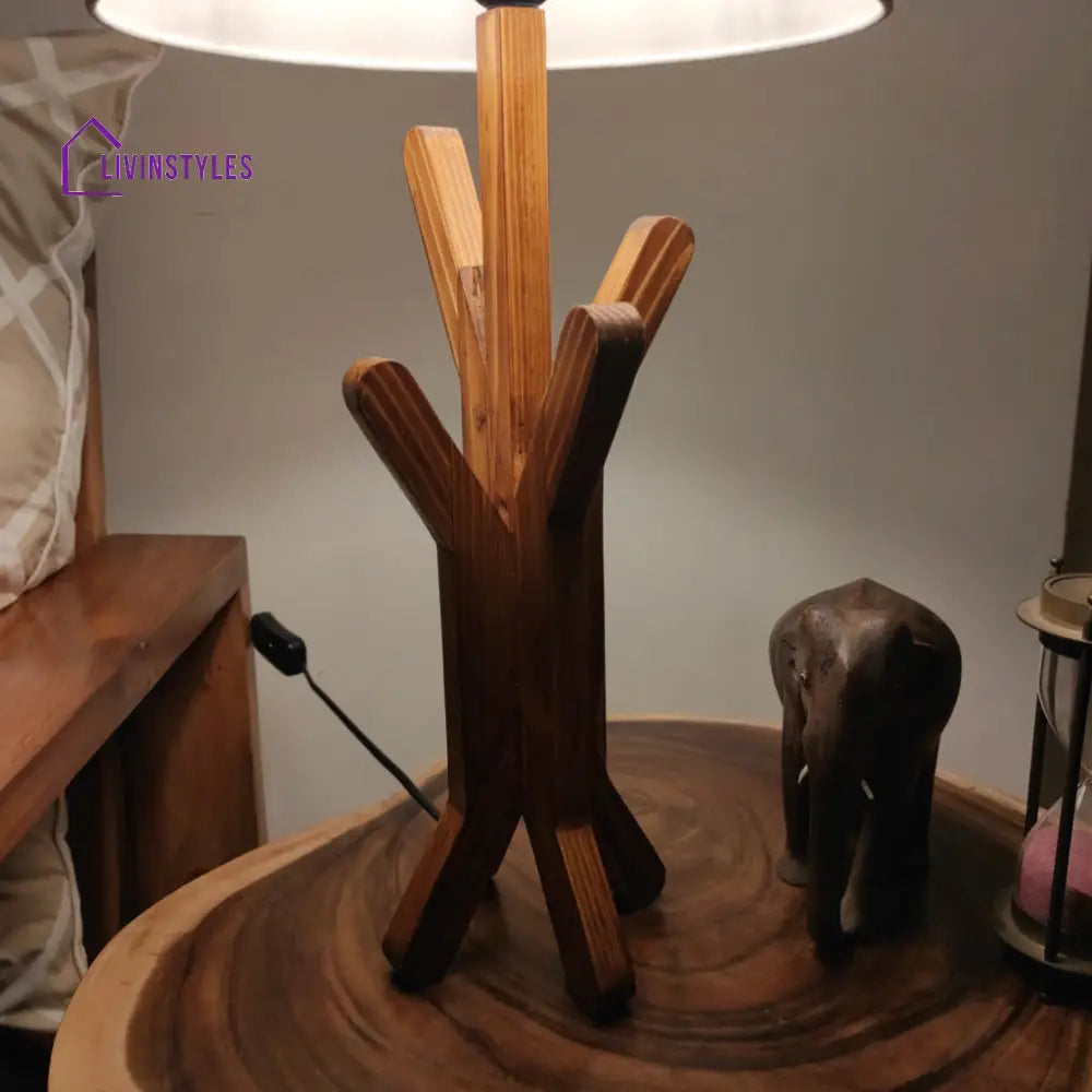 Vrikshya Wooden Table Lamp With Brown Base And White Fabric Lampshade Lamps