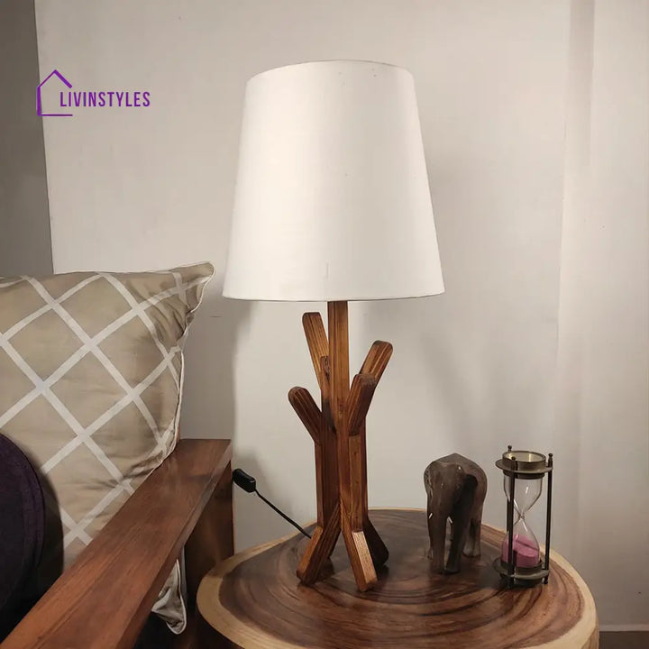 Vrikshya Wooden Table Lamp With Brown Base And White Fabric Lampshade Lamps