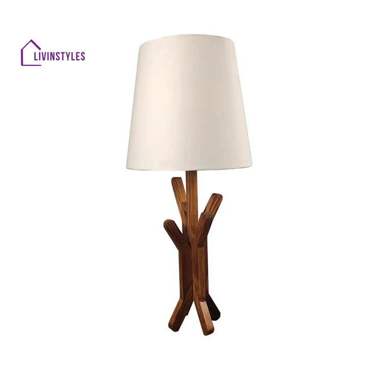 Vrikshya Wooden Table Lamp With Brown Base And White Fabric Lampshade Lamps