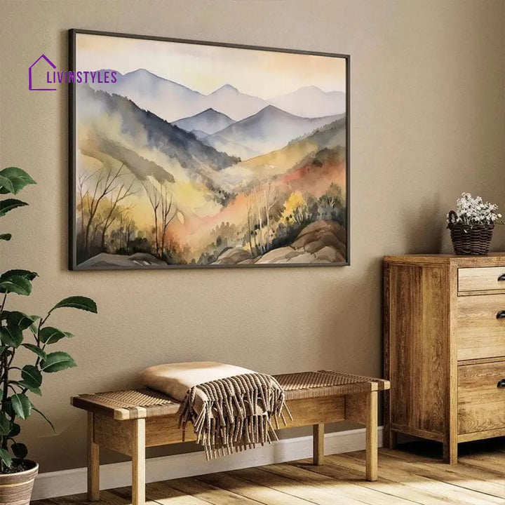 Watercolor Mountain Forest Wall Painting - Black Frame Art & Paintings