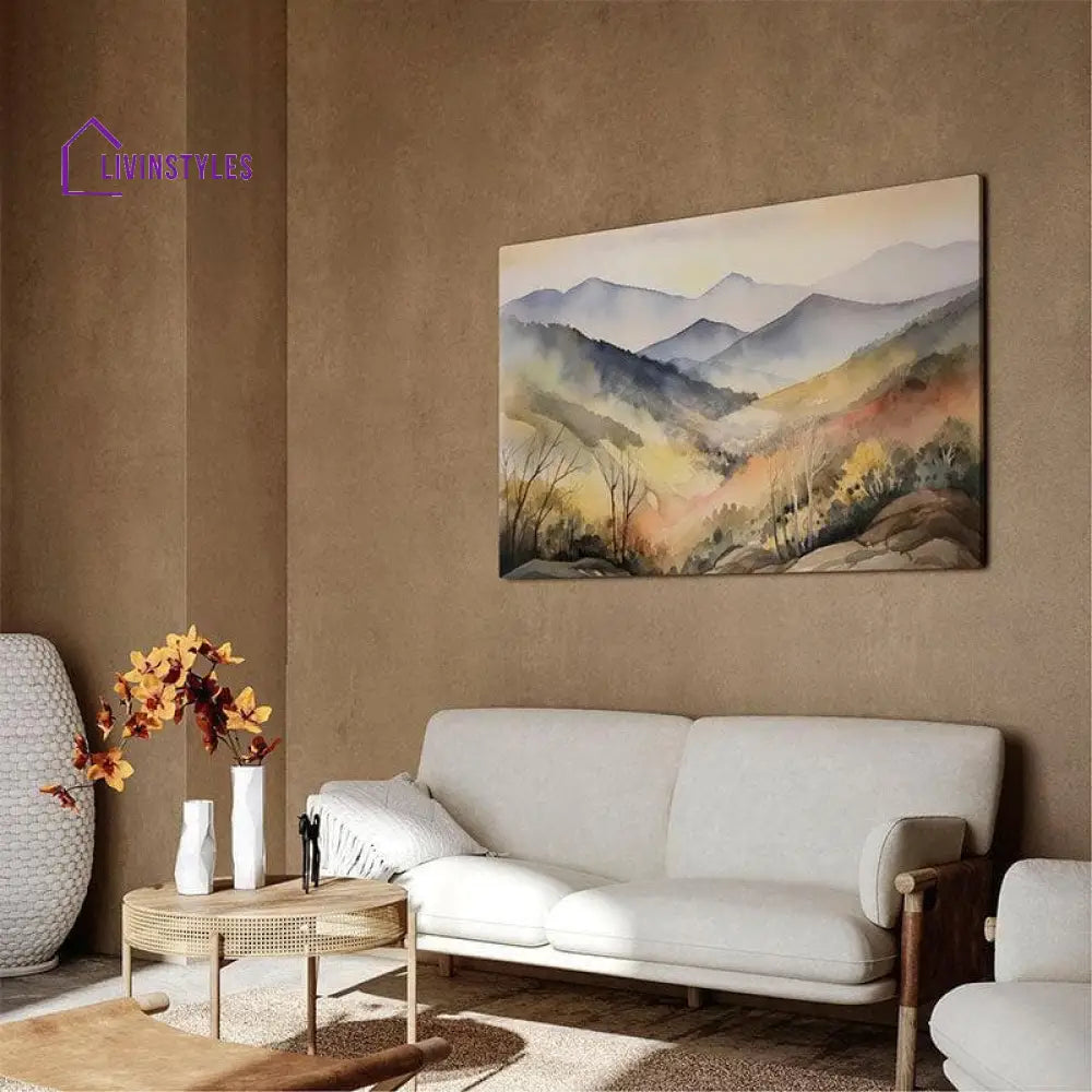 Watercolor Mountain Forest Wall Painting - Black Frame Art & Paintings